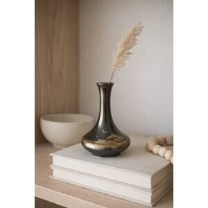 Vintage Japanese Etched Brass Bud Vase Asian Landscape Boat Scene Zen Decor MCM